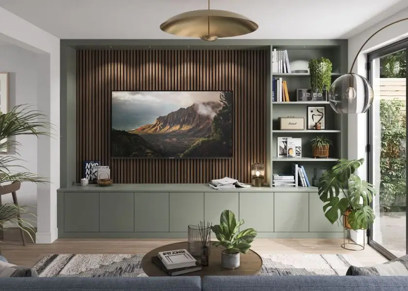 Gunakan Rak TV atau Panel Dinding Multifungsi di Ruang TV minimalis Modern